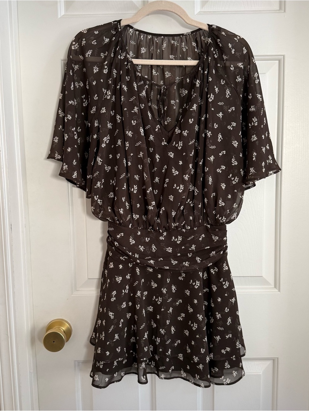 Abercrombie & Fitch Brown Mini Flutter Sleeve Dress with White Floral Print
